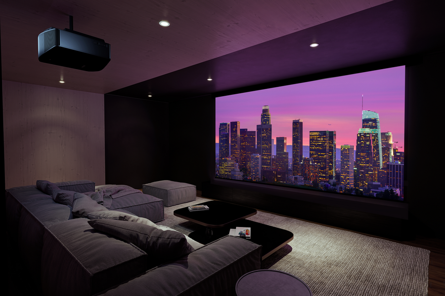 A high-end home theater displays an urban landscape on the screen.
