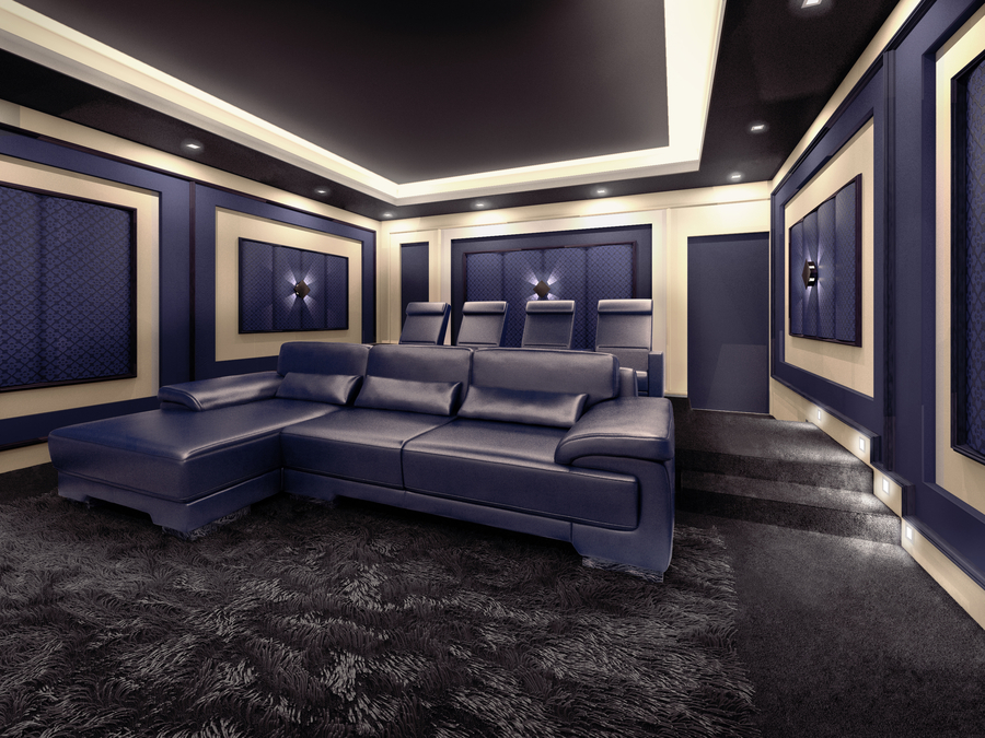 A luxury home theater with acoustic treatments on the walls.