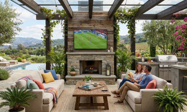 Covered outdoor living area with fireplace, mounted TV, and scenic backyard view.