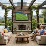Covered outdoor living area with fireplace, mounted TV, and scenic backyard view.