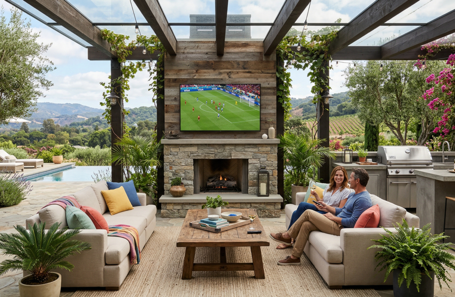 Covered outdoor living area with fireplace, mounted TV, and scenic backyard view.